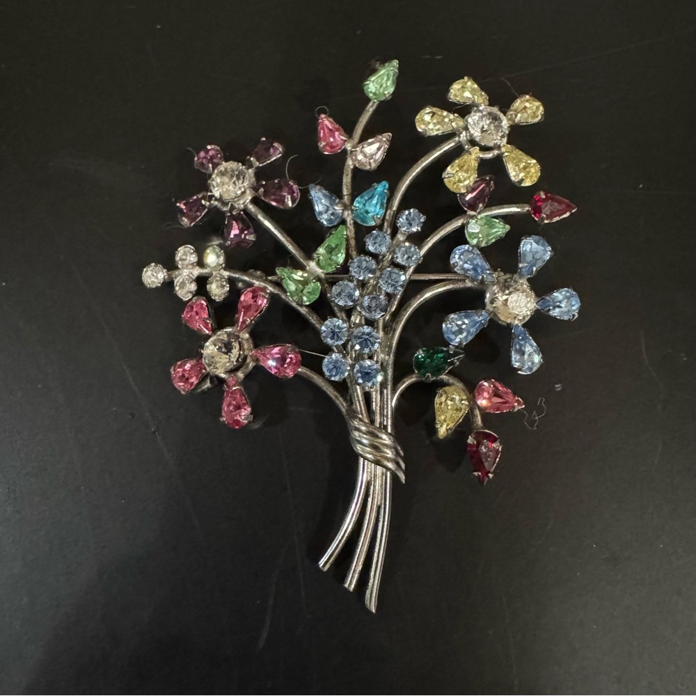 Sterling Carl-Art Vintage Multi Floral Brooch with Rhinestones
